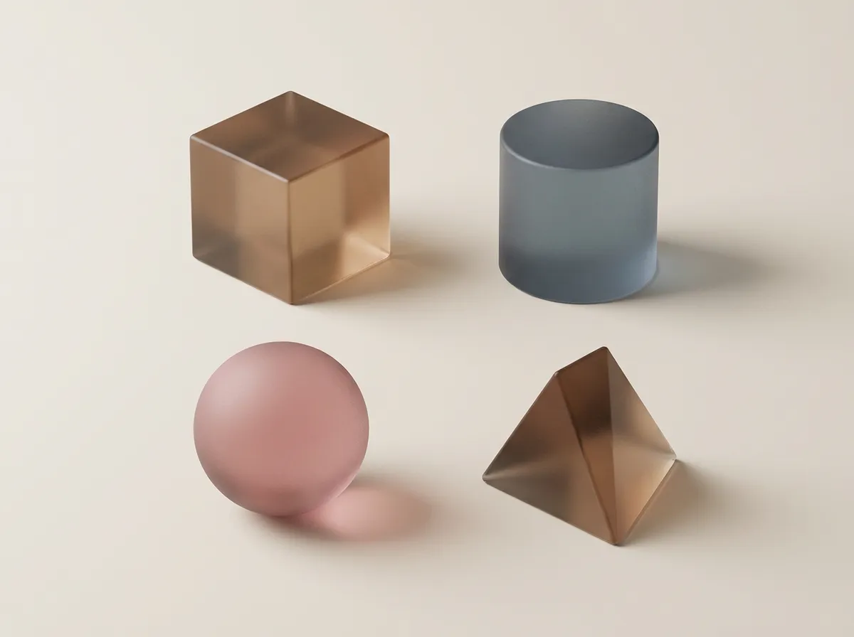 Quatro sólidos geométricos de vidro fosco em âmbar, verde-oliva e rosé sobre superfície marfim. Estudo visual da marca, imagem gerada.
