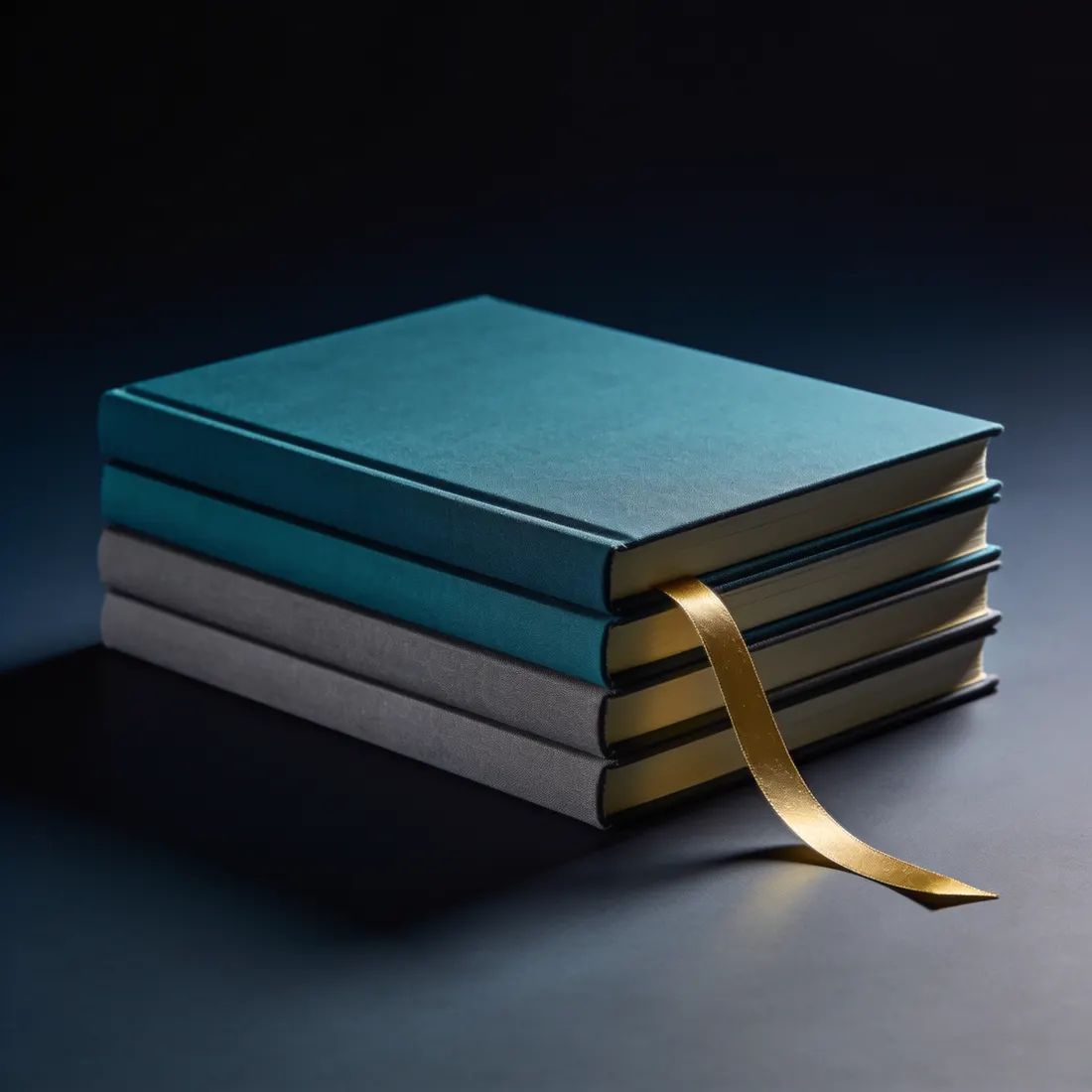 Livros de capa de tecido em teal e cinza com marcador de fita dourada