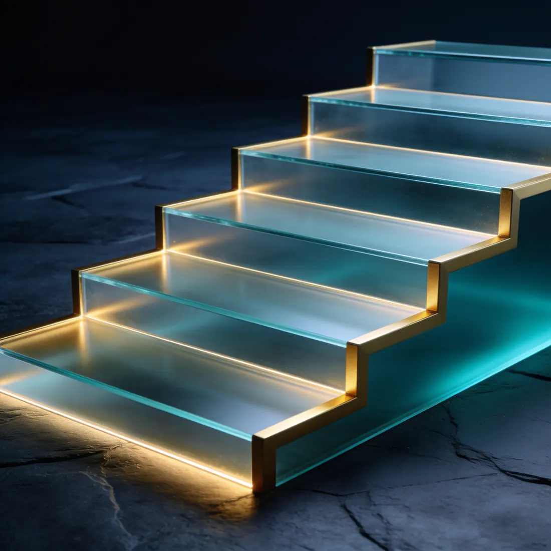 Escada de degraus de vidro fosco com bordas iluminadas em ouro